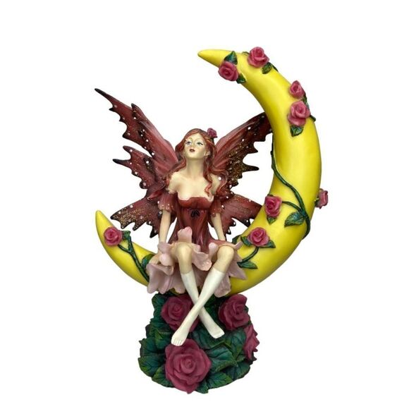 Rare! Diamond Select Fairie with Pink Wings on Quarter Moon 10"  Statue Roses - Picture 1 of 11